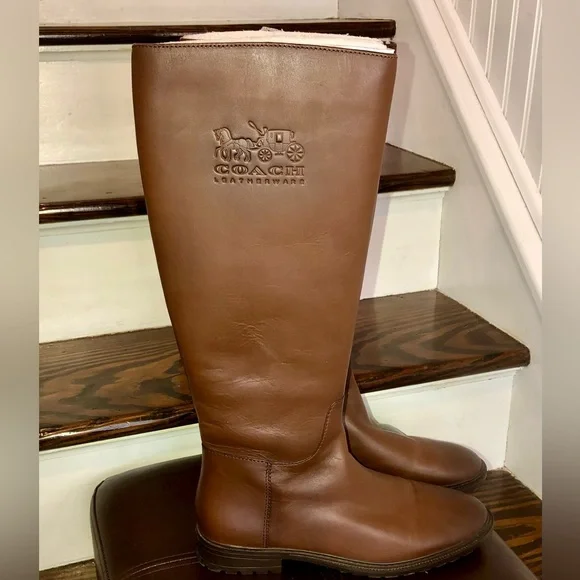 COACH Brown Leather Knee High Moto Riding Boots Sz 9.5 NWOB - Picture 2 of 10